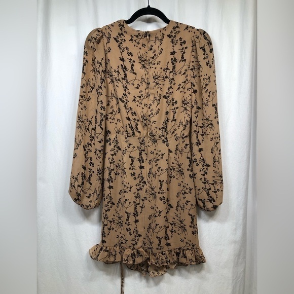 Lulus One True Love Taupe Floral Print Ruched Long Sleeve Mini Dress Small - Picture 4 of 16